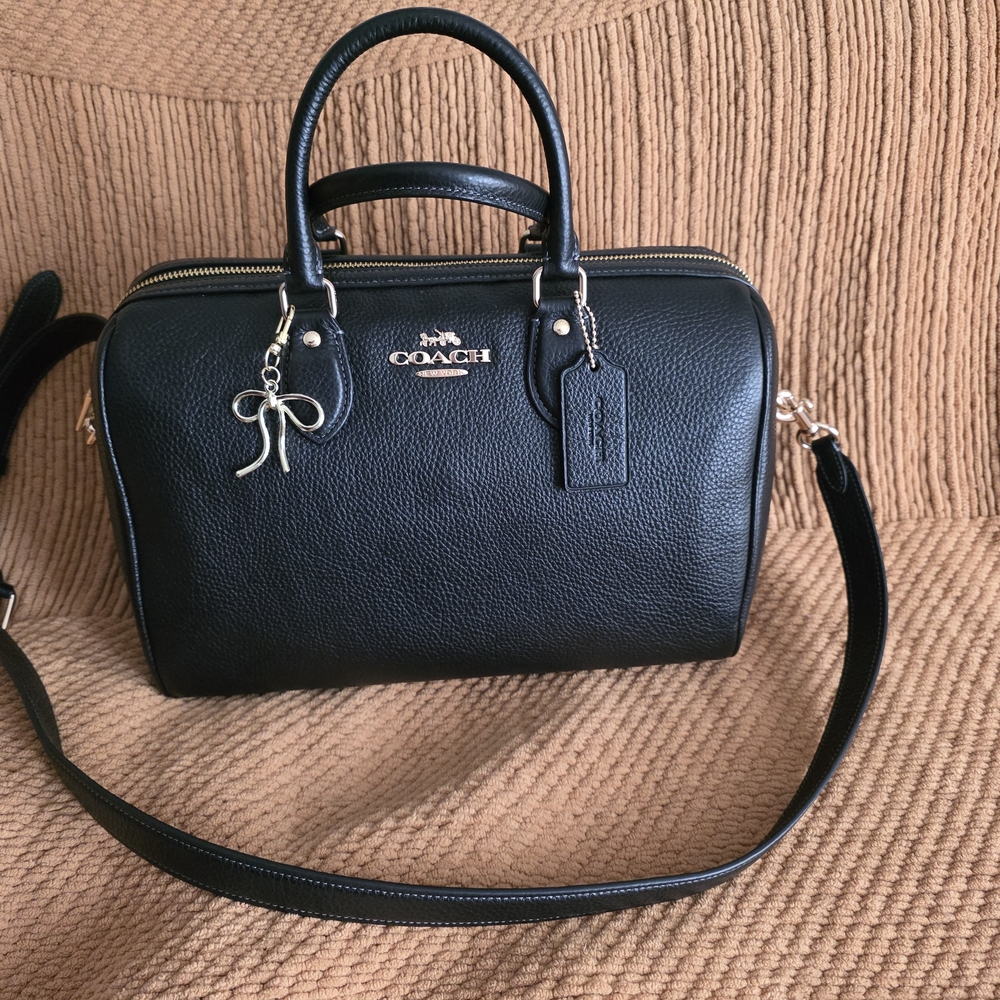 Coach Black Pebbled LARGE Rowan Satchel With Bow Bag Charm